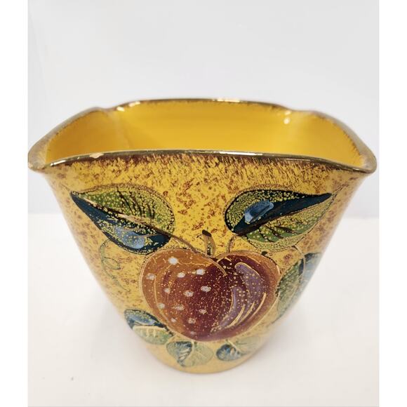 Vintage Italian Pottery Vase – Hand Painted Apple & Leaves – Speckled Yellow - Picture 7 of 8
